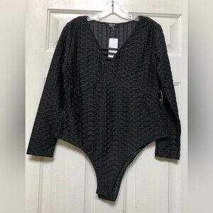 JOLIE & JOY DOBYSUIT PLUS SIZE 1X BLACK LONG SLEEVES STRAPPY ACCENT V-NECK